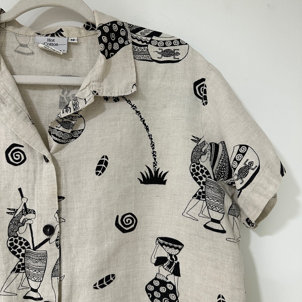 Hot Cotton by Marc Ware Linen‎ Cotton Tribal Print Shirt Womens Medium Cream USA
